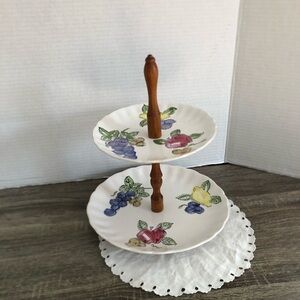 Vtg MCM Two Tiered Fruit Pattern Serving Stand
